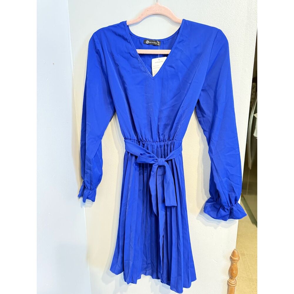 PRETTYGARDEN Long Puff Sleeve V Neck Pleated Ruffle Flowy Belted Dress